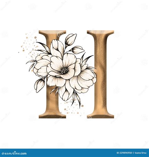 Graphic Floral Alphabet Gold Letter H With Vintage Flowers Bouquet