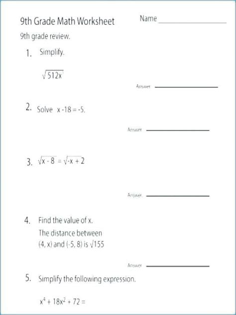 Ninth Grade Math Worksheets Printable