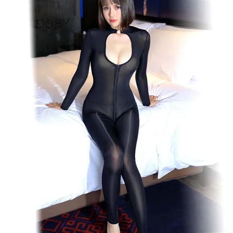 Sexy Women Zipper Open Crotch Open Chest Bodysuit Shaping Transparent