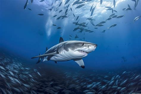 El gran tiburón blanco Carcharodon carcharias en un océano azul