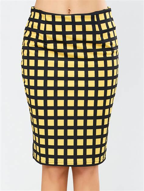 60 OFF Grid Knee Length Plaid Pencil Skirt Rosegal