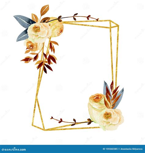 Geometric Golden Frame With Watercolor Roses Bouquets Stock Image