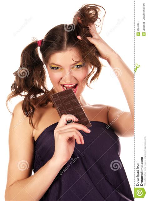 Girl Eats Chocolate Stock Image Image Of Attractive 12881981