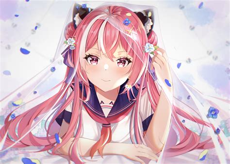 Download 2800x2000 Anime School Girl Pink Hair Smiling Pink Eyes Lying Down Wallpapers