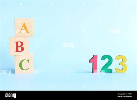 Colorful 123 Numbers And Abc Letters Alphabet On Wooden Blocks In Blue