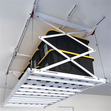 Syzzor Loft Garage Ceiling Storage System In White With Hand Crank 2