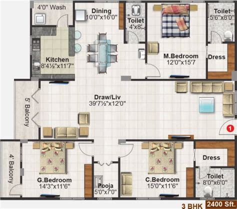 2400 Sq Ft 3 Bhk Floor Plan Image Sm Constructions Royal Available