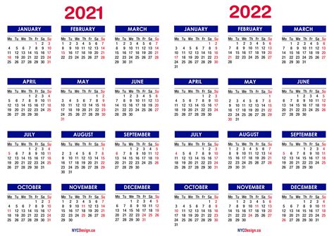 2021 2022 Two Year Calendar With Holidays Printable