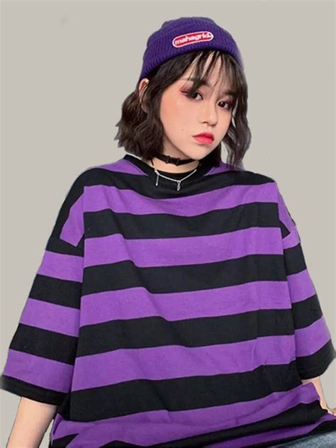 Fashion Hip Hop Women T Shirt Loose Summer Oversize Striped Ins Style Female Tops Tees Purple