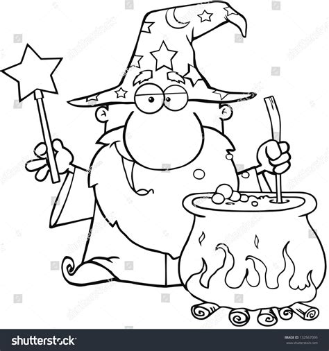 Outlined Wizard Waving Magic Wand Preparing Stock Illustration