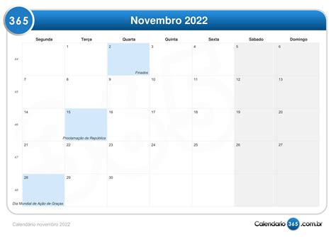 Calendário Novembro 2022