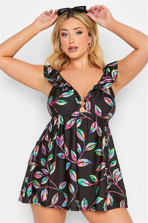 Yours Curve Plus Size Black Tropical Print Frill Swimdress Yours Clothing
