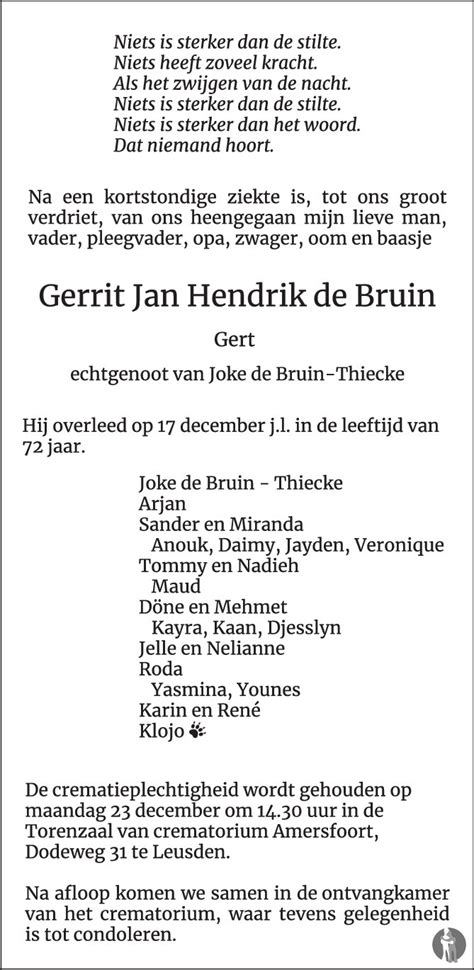Gerrit Jan Hendrik Gert De Bruin Overlijdensbericht En