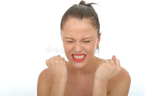 Angry Frustrated Young Woman Portrait With Clenched Fists Stock Photo