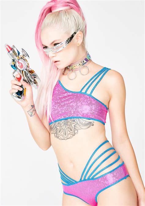 Pink Blue Strappy Hologram Two Piece Rave Bikini Set Dolls Kill