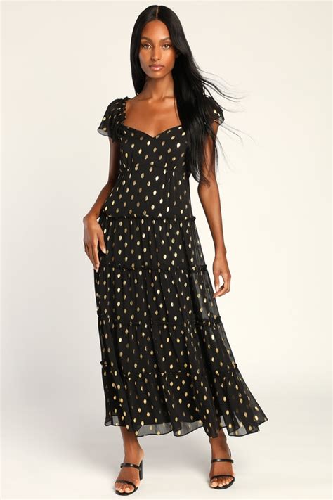 Black Polka Dot Dress Ruffled Maxi Dress Maxi Dress Lulus