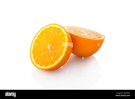 Slice Orange Two Half Oranges Facing Left On A White Background Stock