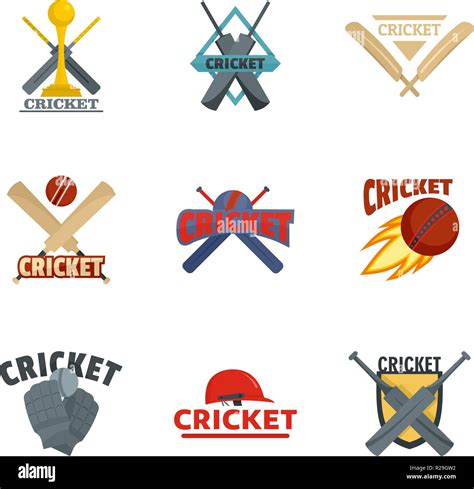 Cricket Sport Ball Bat Logo Icons Set Flat Illustration Of 9 Cricket