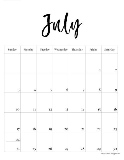 July Calendar With The Word July Written In Black Ink On A White