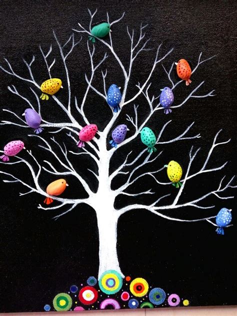 A Painting Of A White Tree With Colorful Birds On It