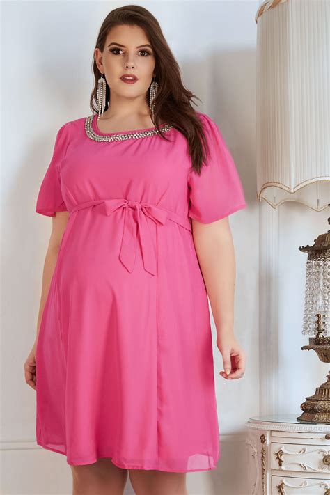 Bump It Up Maternity Pink Chiffon Dress With Jewel Embellished Neckline