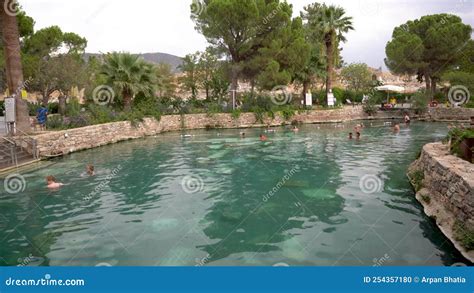 Pamukkale Turkey People Swimming In Ancient Thermal Pool Of Queen
