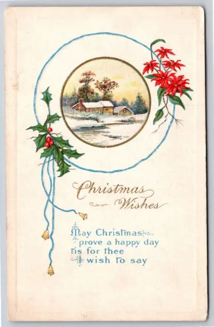 Holiday~poinsettias Holly Home In Circle Christmas Wishes Poem~vintage