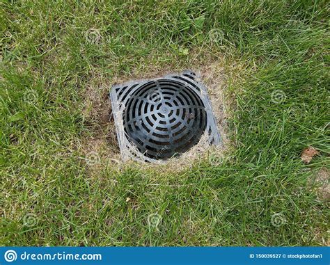 Black Plastic Drain In Green Grass Or Lawn Stock Image Image Of