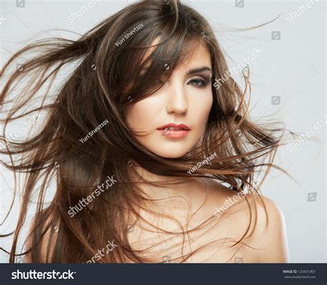 Woman Face With Hair Motion On White Background Isolated