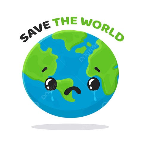 Vector Sad Cartoon Globe Under The Text Save The World Isolated On A