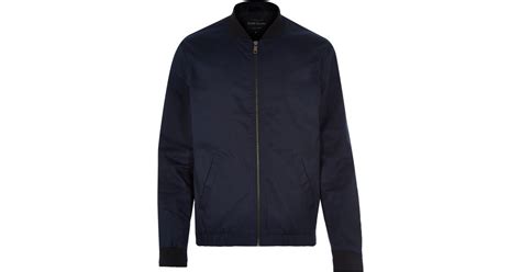 River Island Navy Blue Casual Contrast Neck Bomber Jacket In Blue For