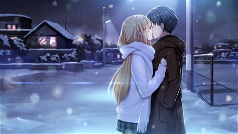 Download Anime Couple Kiss Under The Snow Wallpaper