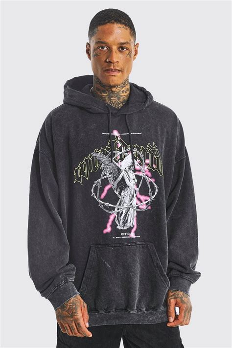 Mens Oversized Worldwide Acid Wash Graphic Hoodie Boohoo Uk