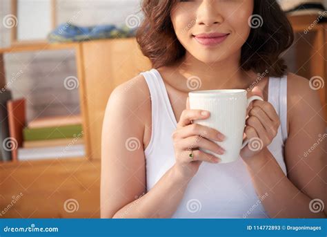 Smiling Woman Drinking Coffee Stock Image Image Of Person Morning 114772893