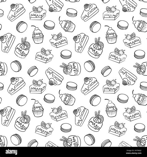 Seamless Pattern With Cakes And Macaroons Doodle Desserts On White