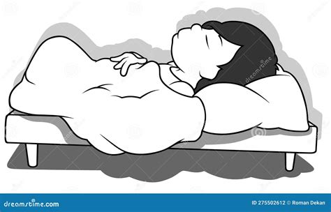Drawing Of A Black Haired Boy Sleeping In Bed Stock Vector