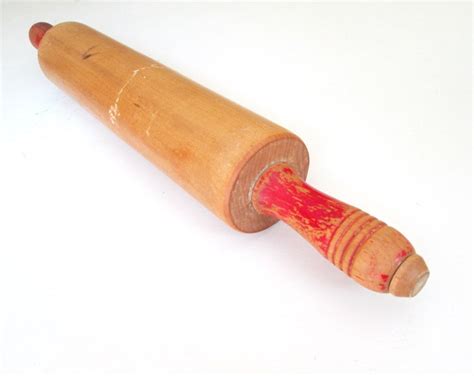 Vintage Wood Rolling Pin Red Handle 1950s Kitchen Baking Etsy