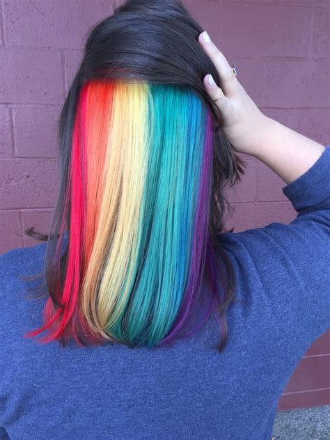 Picture Of Medium Length Black Hair With Rainbow Peekaboo Highlights