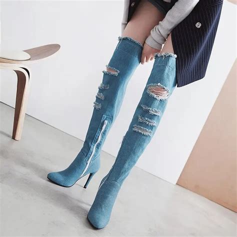lasyarrow winter blue denim boots over the knee thigh high long boots for women high heels women