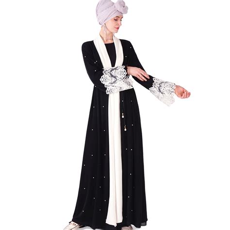 Lace Dubai Islamic Outwear Arab Garment Beading Cardigan Turkey Middle