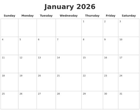 January 2026 Blank Calendar Pages