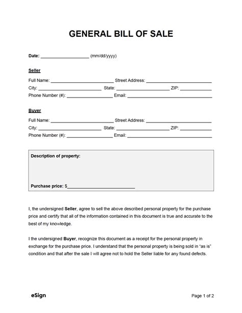 General Bill Of Sale Template Word