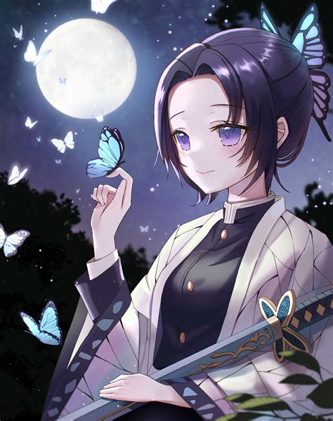 Wallpaper Moonlight Kochou Shinobu Katana Demon Slayer Butterfly
