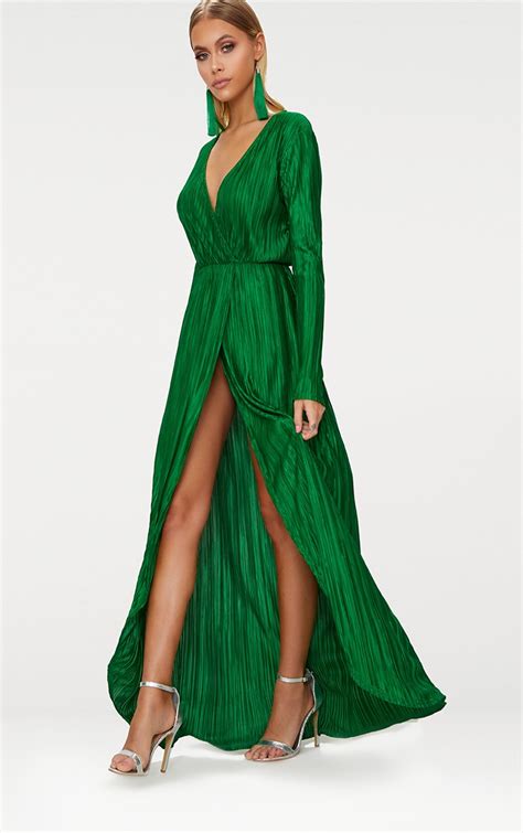 Bright Green Pleated Wrap Front Long Sleeve Maxi Dress