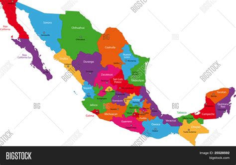 Colorful Mexico Map With State Borders And Capital Cities Stock Vector