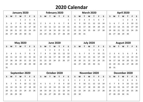 2020 Printable Calendar Printable Yearly Calendar Monthly Calendar