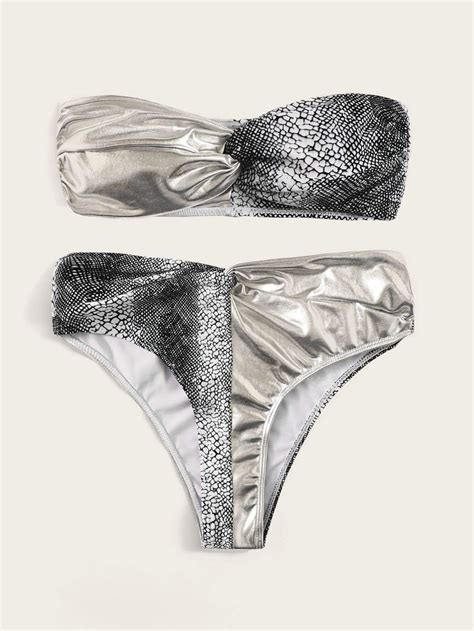 Grey Metallic Swimsuit Snakeskin Twist Bandeau Bikini Bottom Metallic