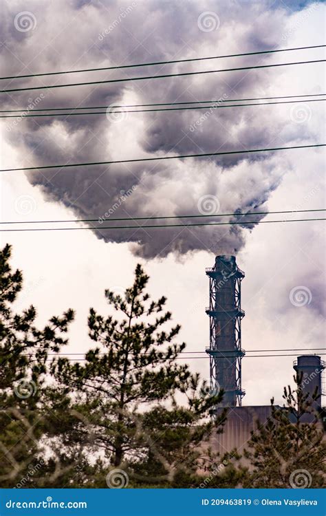 Trees Opposite Heavy Dense Smoke From Industrial Chimney Polluting The