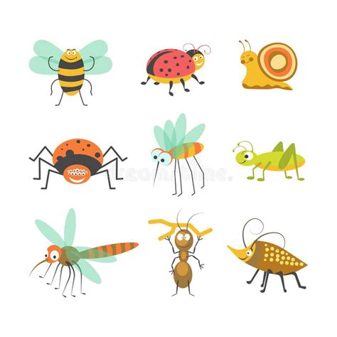Funny Cartoon Insects And Bugs Vector Isolated Characters Icons Stock