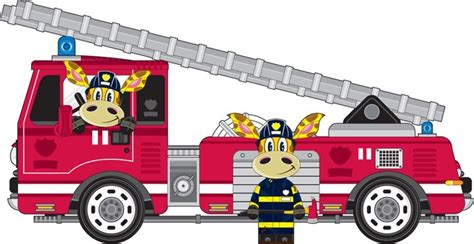 Premium Vector Cute Cartoon Giraffe Fireman And Fire Engine Emergency Services Illustration